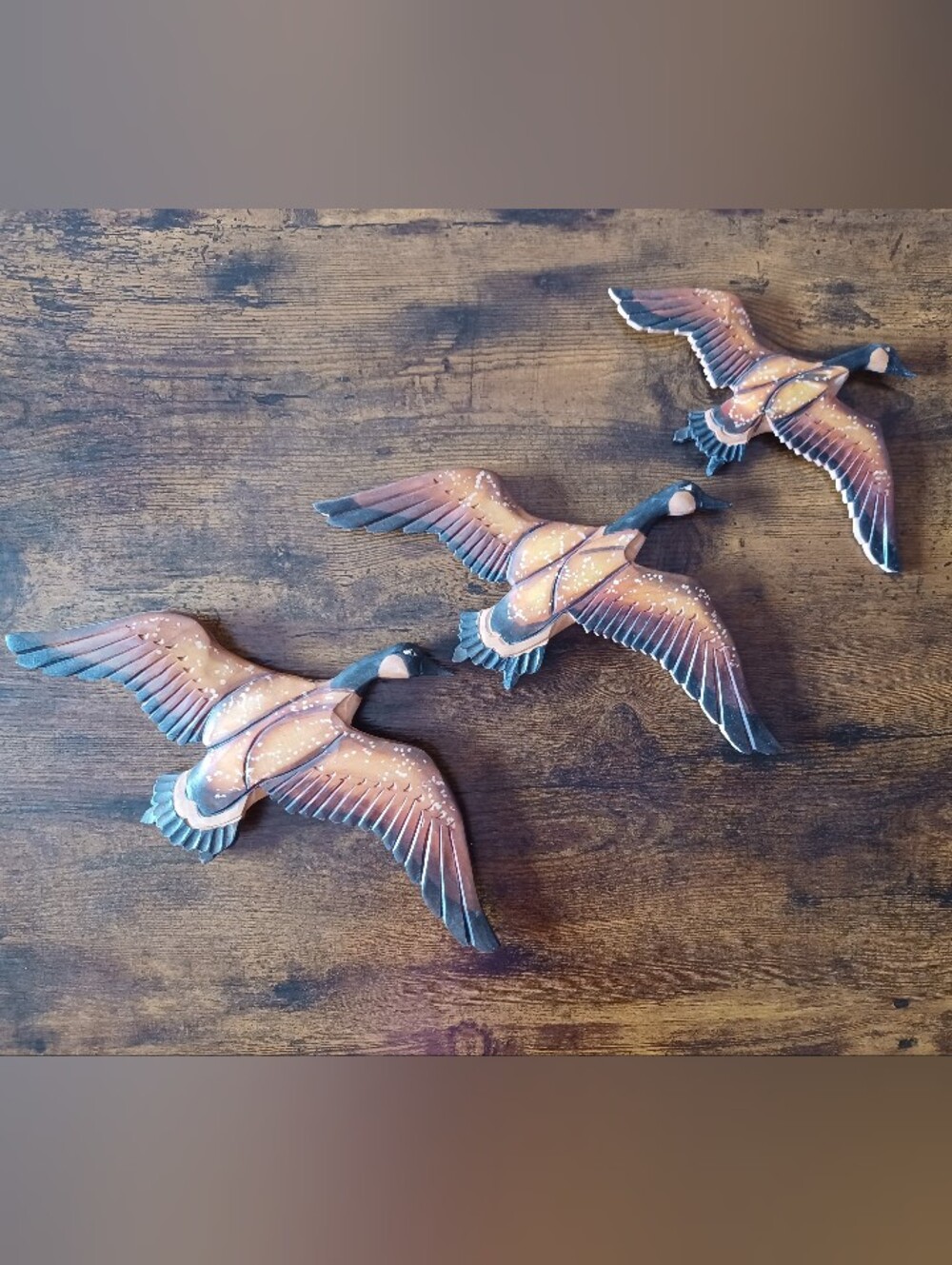 Canadiana Hand Carved Wooden Flying Geese Wall Decor Set Of 3  Rustic